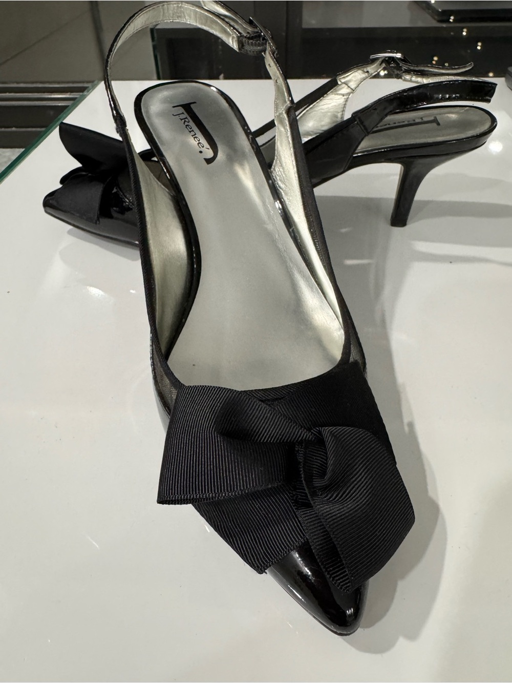 J. Renee Black Slingback Bow Pointed-Toe 3” Heels. Patent with mesh. Size 9.5